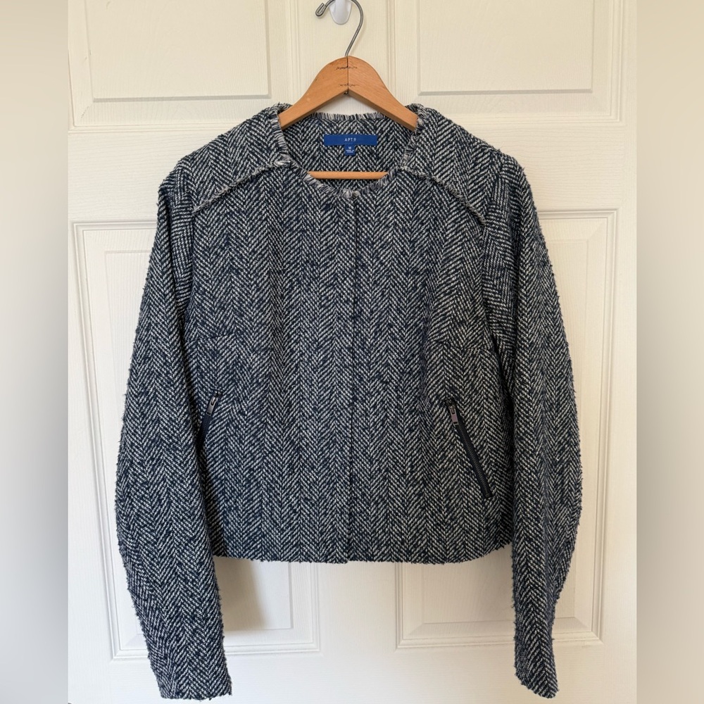 Apt. 9 Navy & White Tweed Cropped Blazer – Zip Pocket Jacket